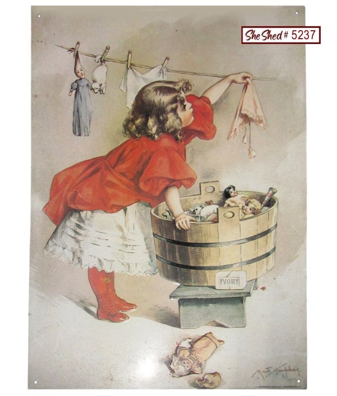 Ivory Soap "A Busy Day" Vintage Style Metal Sign Little Girl Washing Dolls USA