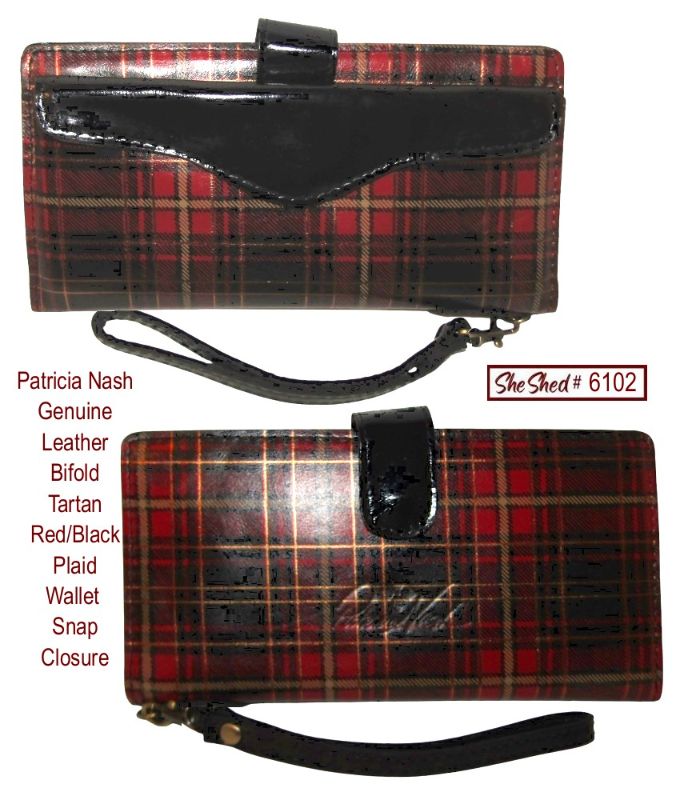 Patricia Nash Leather Bifold Wallet Red Black Tartan Plaid Wristlet Snap VGC