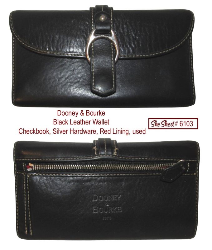 Dooney & Bourke Black Leather Checkbook Wallet Red Lining Silver Hardware