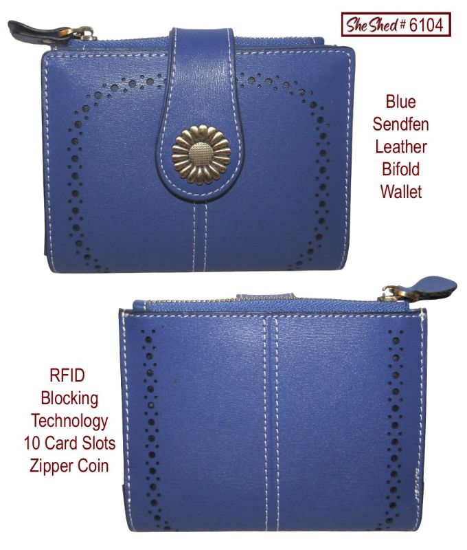 Sendefn Blue Leather RFID Bifold Wallet 10 Card Slots Zip Coin Pocket Sendfen