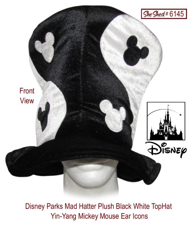 Disney Parks Mad Hatter Plush Black White TopHat Yin-Yang Mickey Mouse Ear Icons