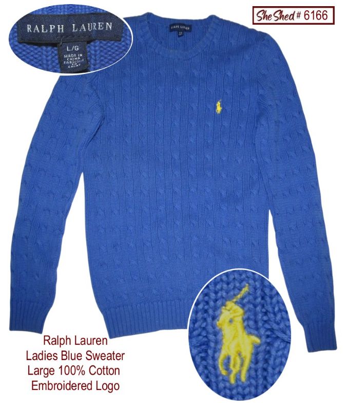 Ralph Lauren Women's Large Blue Cable Knit Sweater Yellow Pony 100% Cotton
