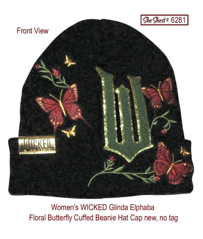 WICKED Glinda Elphaba Women's Floral Butterfly Cuffed Beanie Hat Black