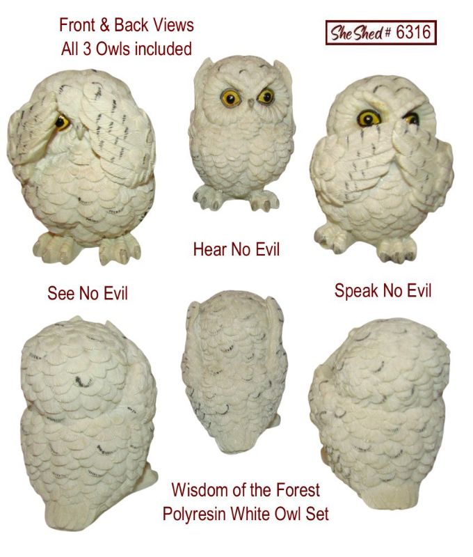 Wisdom of the Forest White Owl Set See Hear Speak No Evil Polyresin Figures